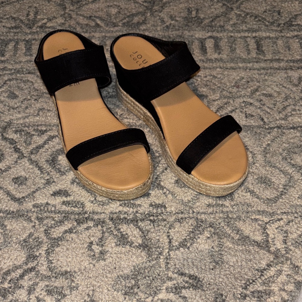 Journee Collection Black Espadrille Wedge Sandals with Tan Footbed